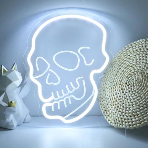 Image of ENUOLI Skeleton Skull Neon Sign, LED Skull Neon Lights for Bedroom Wall Decor Halloween Skull Neon Sign Adjustable Brightness USB Powered Neon Night Lamp for Man Cave Game Room Party Halloween