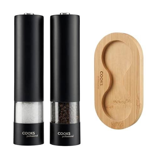 Image of Cooks Professional Electric Salt and Pepper Mill Set with Bamboo Base | Battery Operated Automatic Grinders with Adjustable Grinding & One Touch Operation | Condiment Grinder & Stand | Black