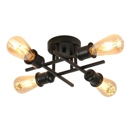 Image of Pheashine Black Ceiling Light Fixture, 4-Light Industrial Black Chandelier with E27 Base, Vintage Semi Flush Mount Ceiling Light Kitchen, Bedroom, Living Room, Hallway