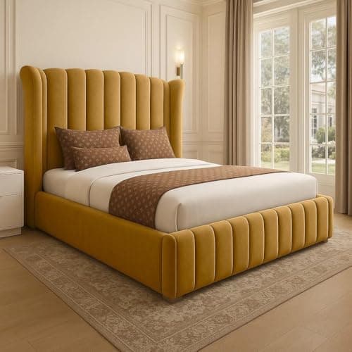 Image of 4FT Small Double Wingback Bed With Winged Panel Headboard Upholstered In Plush Velvet Mustard Gold Wooden Slats - No Mattress - No Storage (Mustard Gold, 4FT Small Double - No Mattress - No Storage)