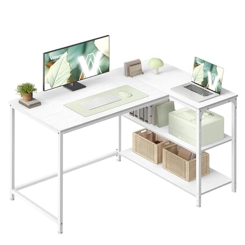 Image of VASAGLE L Shaped Corner Desk, Computer Gaming Desk with Storage, Reversible Height-Adjustable Shelves, for Home Office, 110 x 80 cm, Maple White LWD135WF01