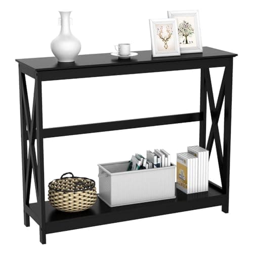 Image of Yaheetech 2-Tier Console Tables Side/End Table with Shelf X-Design Wooden Hall Desk for Living Room/Bedroom/Hallway Black, 101.5x30x81cm