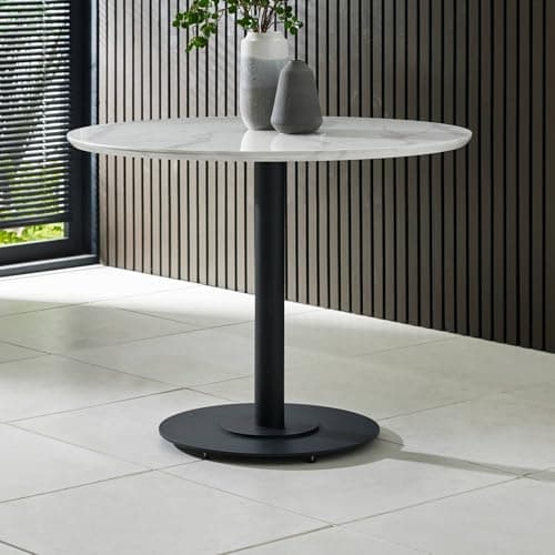 Image of Julian Bowen Luca Dining Table – 100 x 76 cm, White Round Kitchen Table, Marble Effect 4 Seater with Modern Black Pedestal Base for 2-4 People – Medium