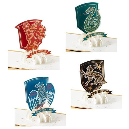 Image of Hallmark Pack of 4 Harry Potter 3D & Pop Up Greeting Cards, Multipack, Hogwarts House Crests, Gryffindor, Slytherin, Ravenclaw, Hufflepuff