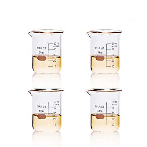 Image of ULAB Glass Beakers Shot Glass, Vol. 50ml, 3.3 Borosilicate Griffin Low form with Printed Graduation, Pack of 4, UBG1019