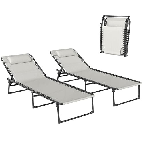 Image of Outsunny 2 Piece Foldable Sun Loungers, Outdoor 4 Level Adjustable Backrest Reclining Chaise Chairs, Steel Frame Recliner Chair for Camping, Hiking, Cream White