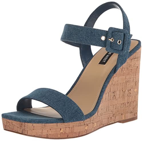 Image of Nine West Women's Courts Wedge Sandal, Blue Denim 420, 7.5 UK