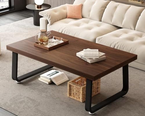 Image of HSH Rustic Walnut Coffee Table, Mid Century Modern Center Table, Rectangle Industrial Living Room Coffee Table, Simple Farmhouse Wood and Metal Tea Coffee Tables for Home Bedroom, Walnut, 100 CM