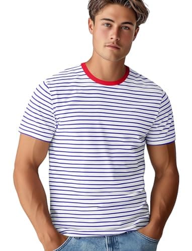 Image of Zengjo Stripe Shirt Men Short Sleeve Crew Neck Striped Cotton T Shirt Men(M,White/Blue)