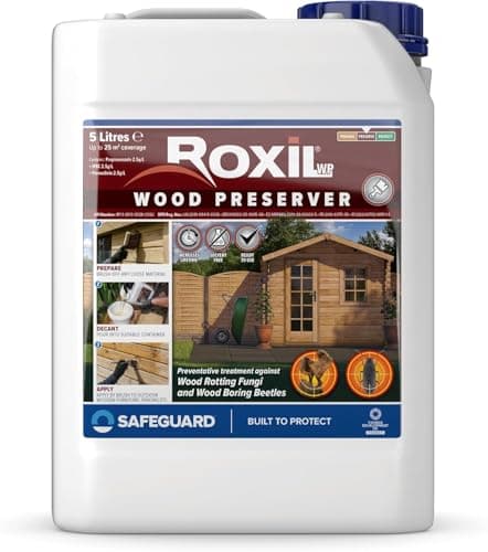 Image of Roxil Wood Preserver Clear (5L) Odourless Pre-Treatment Wood Preservative Against Dry Rot, Wet Rot, Fungal Attack and Woodworm. Solvent Free, Ready to Use, for Outdoor Fence, Decking & Shed