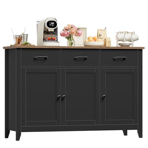Image of HOCSOK Sideboard, 120cm Wide Kitchen Cabinets with 3 Doors, 3 Drawers & 1 Adjustable Shelf, Modern Sideboard for Living Room, Kitchen, Dining Room, Black