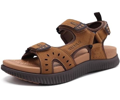 Image of KuaiLu Mens Leather Hiking Sandals with Arch Support Orthopedic Sport Recovery Athletic Walking Sandals For Man Outdoor Summer Casual Thick Cushion Beach Water Fisherman Sandal, size 10 Khaki