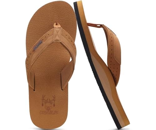 Image of KuaiLu Men's Leather Flip Flops Arch Support Summer Beach Pool Water Thong Sandals Waterproof Rubber Walking Shoes Slip on Orthotic Casual Sport Cushioned Wide Slides Shower Slippers Bright Brown 11