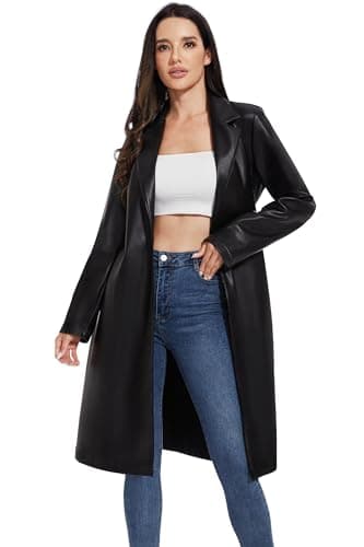 Image of Fahsyee Women's Leather Trench Coat, Faux Motorcycle Plus Size Moto Biker Jacket Short Lightweight Vegan Pleather Fashion, Black, X-Large