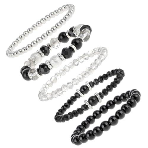 Image of Yolev Beaded Pearl Stretch Bracelet Silver Stackable Crystal Beads Bracelets Trendy Costume Jewelry Bead Bracelets Set Black Jewelry Accessories for Birthday Party Vacation Decor Friendship BridalGift