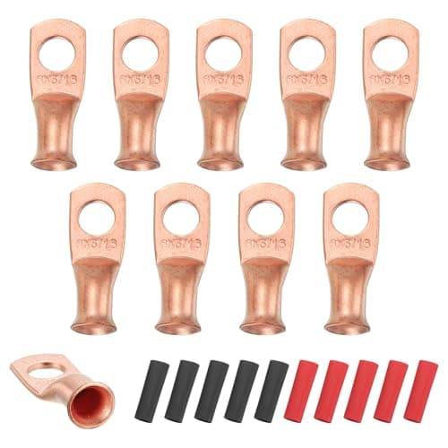 Image of sourcing map 10pcs 6 AWG M8 Battery Lugs Ring Terminals, 5/16" 8mm Stud Crimp Wire Terminal Connector End Copper, 2:1 Heat Shrink Tubing, Gold