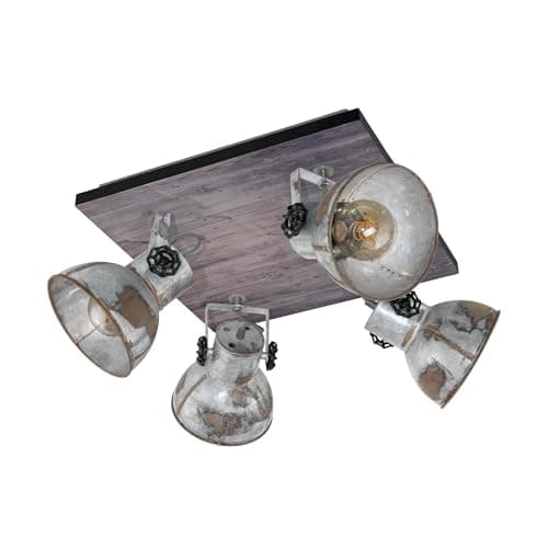 Image of Eglo Ceiling Lamp Barnstaple, 4 Bulbs Vintage Ceiling Spotlight in Industrial Design, Retro Wall Light Made of Steel in Zinc Used-Look, Wood, Colour: Brown-Patina, Black, Socket: E27