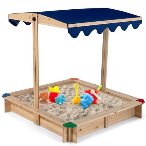 Image of Maxmass Kids Wooden Sand Pit, Children Sandbox with Height & Angle Adjustable Canopy and Wide Bench Seats, Outdoor Play Sandpit Backyard Playset for 3+ Years Old, 120 x 120 x 120 cm