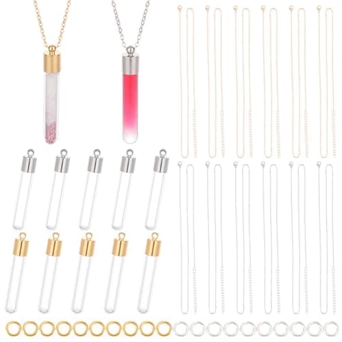 Image of PH PandaHall 16 Sets Vial Pendant Glass Vial Necklace, Golden Platinum 16Pcs Chains Necklace Tiny Clear Bottle Hourglass Memory Wish Bottle Empty for DIY Beads Perfume Hair Jewellery Making