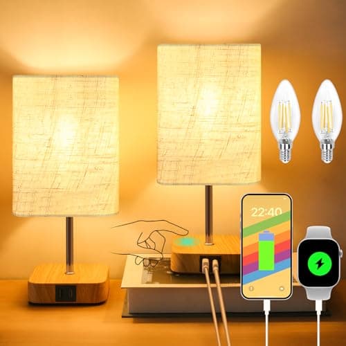 Image of Totofac Touch Bedside Table Lamp, Dimmable Touch Control Nightstand Lamps,Small Lamp Wood Base Beige Flaxen Fabric Shade for Bedroom,Living Room,Office,Dimmable Bulb Included (2, Wood USB-A+C)