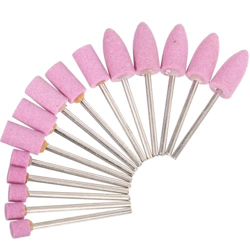 Image of POPETPOP 15pcs Grinding Mounted Points Set Pink Rotary Grinding Stone Bits with Different Shapes for Metal and Wood Deburring and Sanding DIY Use