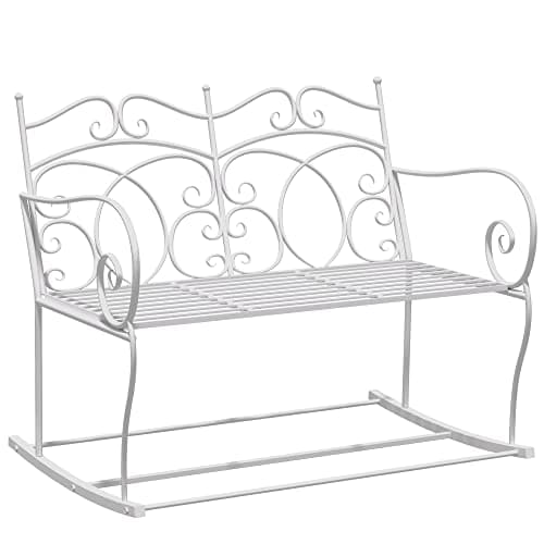 Image of Outsunny Patio 2 Seater Rocking Bench Steel Garden Outdoor Garden Loveseat Chair w/Decorative Backrest White