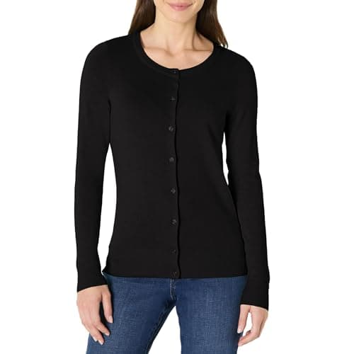 Image of Amazon Essentials Women's Lightweight Crewneck Cardigan Jumper (Available in Plus Size), Black, S