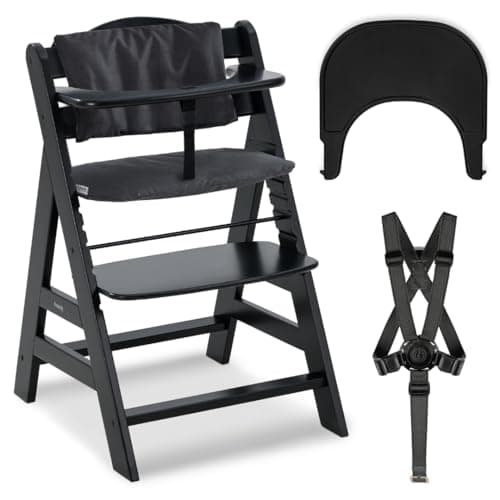 Image of hauck High Chair Alpha+ Set with Seat Pad and Click Tray – Adjustable Wooden High Chair with Cushion and Tray – Black