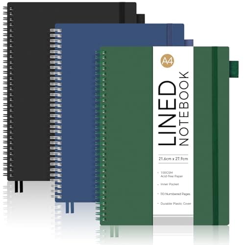 Image of AUTEMPO A4 Notebook Lined, 3 Pack Notepad Wirebound Spiral Notebooks 110 Pages for Writing, 100gsm Thick Paper, PVC Cover, for Women Men Work Office School,21.6 x 27.9cm, Black,Green,Blue