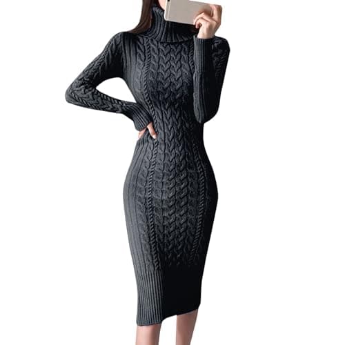 Image of Sweater Roll-Neck Pullover Dresses for Women, Knitted, Bodycon Midi Sweater Dresses, Wedding Dress, black, XL