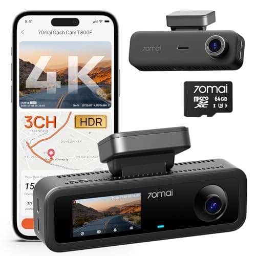 Image of 70mai T800E 4K 3 Channel Dash Cam, 4K+1080P+1080P Front and Rear Inside Triple Car Camera with Voice Control, HDR, IR Night Vision, Parking Mode, F1.55, GPS, Supercapacitor, Included 64GB SD Card