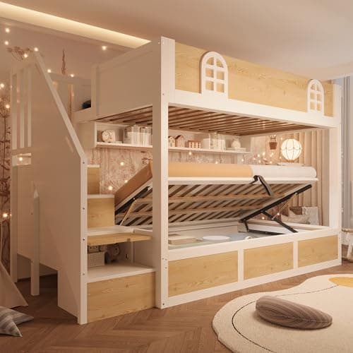 Image of Twin Over Twin Bunk Bed for Adults Kids, Twin Sleeper 3ft Single Wooden Cabin Bed Frame with Hydraulic Lift & Storage Stairs & Bookcase, Solid Wood Family Loft Bed with Guard Rails, White & Natural