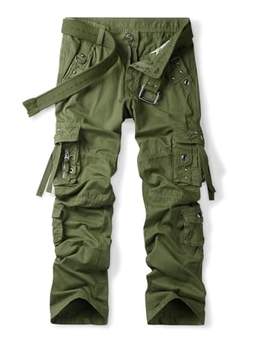 Image of Aeslech Men's Cotton Casual Baggy Work Cargo Trousers Hiking Travel Pants with Pockets Relaxed Loose Fit Army Green 34