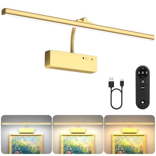 Image of Lightbiz Picture Lights for Wall, 5400mAh Rechargeable Wall Lights with Remote, Dimmable and 3 Colour Temperatures Paintings Light Battery Operated, Art Display Lighting with Timer Function - Gold