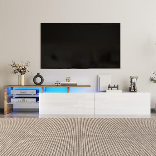 Image of FammyLoft 170cm TV Unit with 2 Drawers, High-gloss TV Stand Cabinet with Glass Shelves and LED Lighting, Entertainment Unit for Living Room, White and Wood