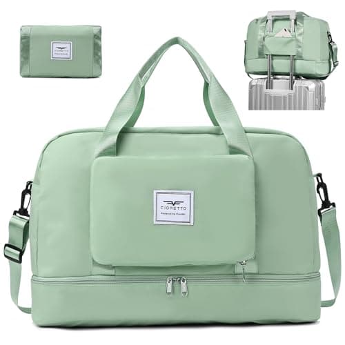 Image of FIORETTO Womens Foldable Weekend Bag Overnight Hospital Bag with Shoes Compartment & Wet Pocket, Water Resistant Gym Bag Duffle Bag Travel Bag Holdall for Women Men Green
