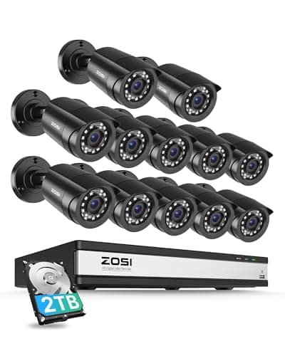 Image of ZOSI 1080P 16CH Security Camera System with Human Vehicle Detection, H.265+ 5MP DVR Recorder with 2TB Hard Drive,12x 1920TVL 2MP CCTV Bullet Camera Outdoor Indoor Surveillance Set, 80ft Night Vision