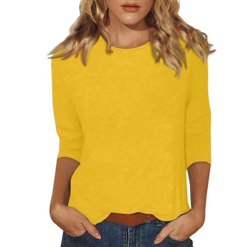 Image of Boat Neck Tops for Women UK Womens Lightweight Solid Color Tops 3/4 Sleeve Casual Gym Fashion Daily T-Shirts Ladies Summer Round Neck Blouses 02-Yellow M