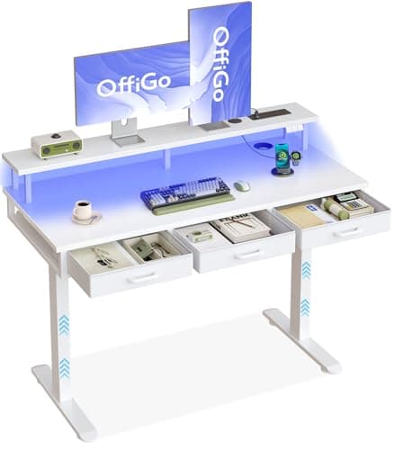 Image of OffiGo Electric Standing Desk, 120 x 54cm Height Adjustable Desk with 3 Drawers, RGB LED Strip & Charging Station for Home Office Computer Workstation, Computer Table with Monitor Stand, White