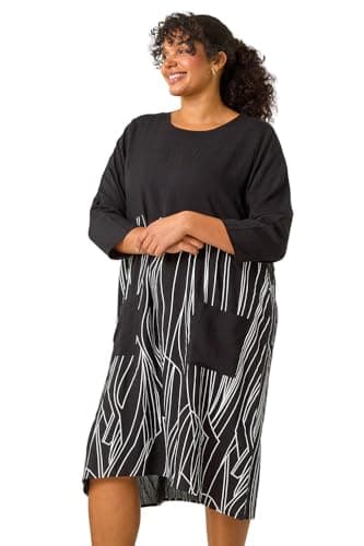 Image of Roman Curve Abstract Print Pocket Smock Dress for Women UK - Ladies Everyday Autumn Winter Round Neckline Comfy Soft Evening Vacation Work Party Night Out - Black Plus - Size 22