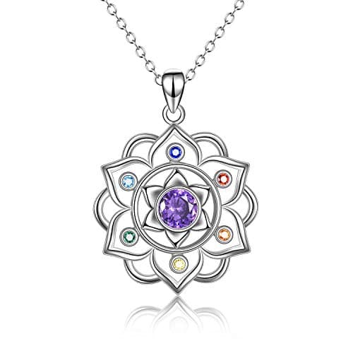 Image of YAFEINI 7 Chakra Lotus Pendant Necklace for Women 925 Sterling Silver Amethyst Crystal Yoga Healing Chakra Jewellery Spiritual Meditation Energy Balance Pendant Gifts
