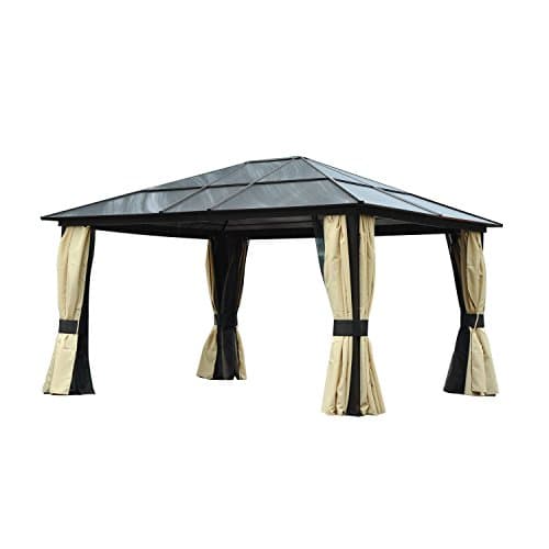 Image of Outsunny 3.6 x 4m Hardtop Gazebo Canopy with Polycarbonate Roof and Aluminium Frame, Garden Pavilion with Mosquito Netting and Curtains