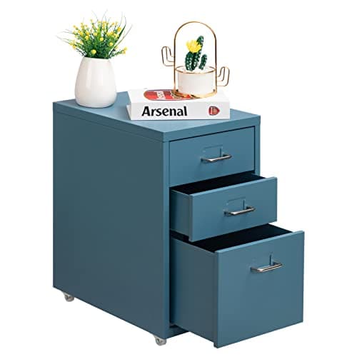 Image of HollyHOME 3-Drawer Mobile File Cabinet, Under Desk Rolling Filing Organizer, Metal Storage with Casters for Home and Office, Blue