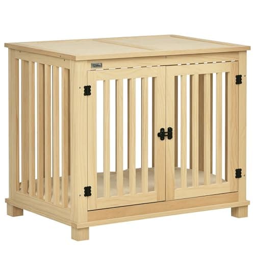Image of PawHut Wooden Dog Crate End Table w/Double Doors, Furniture Style Dog Crate for Medium Dogs, Indoor Use w/Soft Washable Cushion
