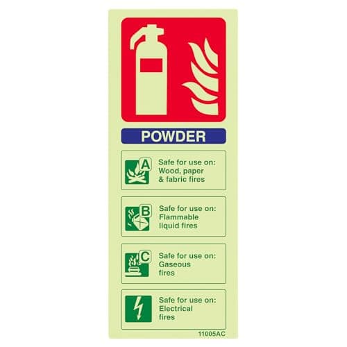 Image of V Safety Glow In The Dark Powder Id Fire Extinguisher Sign - 75mm x 200mm - Rigid Plastic, Blue/Green/Red, 11005AC-G