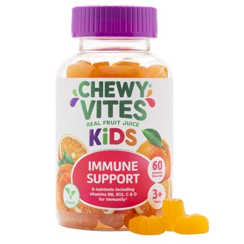 Image of Chewy Vites Kids Immune Support, 60 Kids Vitamins Gummies, High Strength Vitamin D, Vit C, B6, B12, Zinc, Selenium, 2 Months Supply, Real Fruit Juice, Vegan, Age 3 +, Orange Flavour