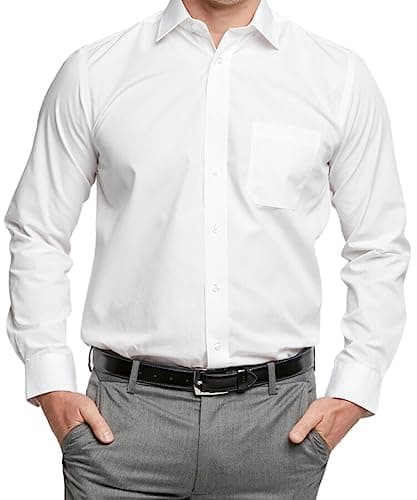 Image of Double TWO - Men's Formal Shirt - Long Sleeve, Cotton Rich & Classic Fit – Non-Iron, Business & Wedding Shirt - Select Your Colour & Size - White, 23in Collar
