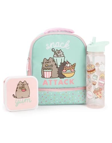 Image of Pusheen the Cat Mint Lunch Bag, Lunch Box and Drinks Bottle Set | Snack Attack Polkadot School Lunch Set for Girls | Transparent Water Bottle | Pusheen Merch