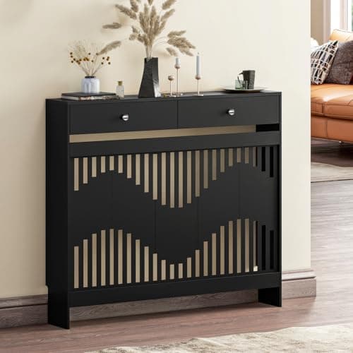 Image of Luxstein Radiator Cover with Drawers, Black Wooden Radiator Shelf Pipe Covers Cabinet with Wavy Grill for Living Room Bedroom Hallway, 109Lx19Wx95Hcm