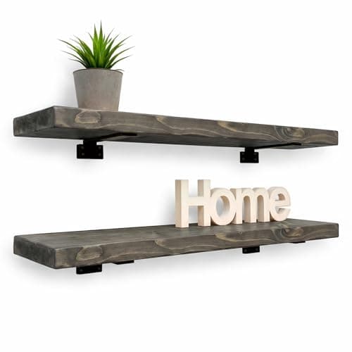 Image of MKGT Rustic Floating Wall Shelves Set of 2, Solid Pine 45mm Thick with Heavy Duty Brackets, 75kg Load Capacity for Kitchen, Bathroom, Living Room – UK Made (Driftwood, 140cm)